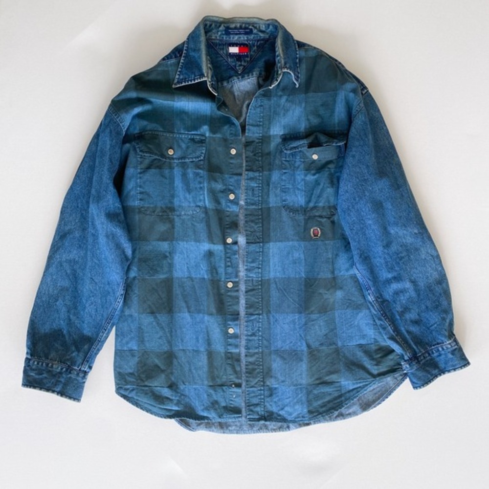 1990's Tommy Hilfiger Denim Checkered Button‎ Up Long Sleeve L